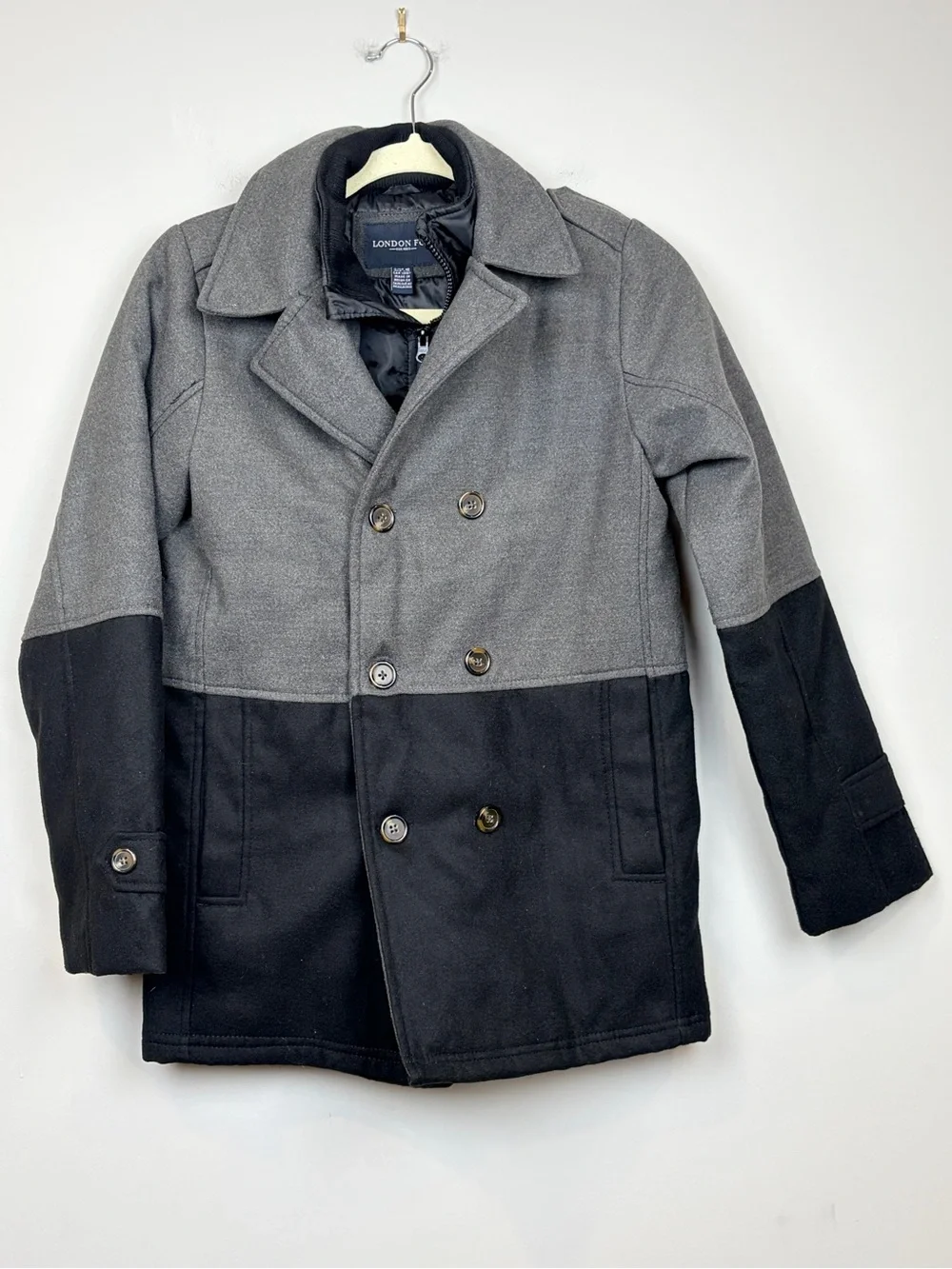London Fog Boys Double Breasted Peacoat Jacket‎ Gray Black Size L 14-16